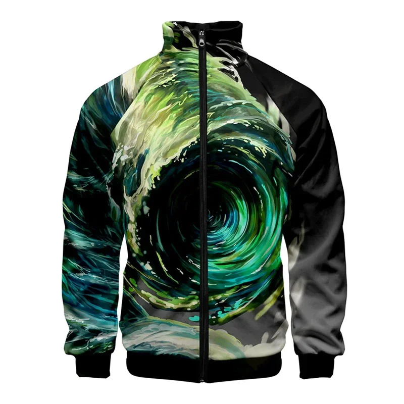 Chaqueta con cuello alto y estampado 3D de espirales de colores, abrigo de moda para primavera y otoño, chaquetas de gran tamaño con cremallera, ropa de abrigo para hombre