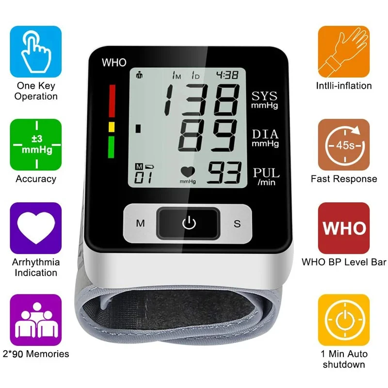 Medical Digital Wrist Blood Pressure Monitor Heart Rate Pulse Meter Sphygmomanometer PR LCD Screen Portable Health Care