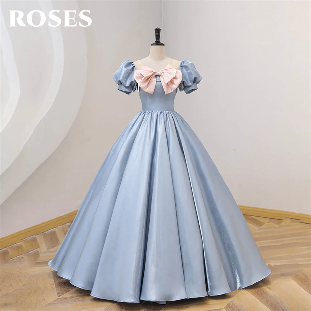 

ROSES Dusty Blue A Line Chic Woman Evening Dress Gown Stain Lace Up Back Ball Gown Short Sleeves Night Dress Gown robe de soirée