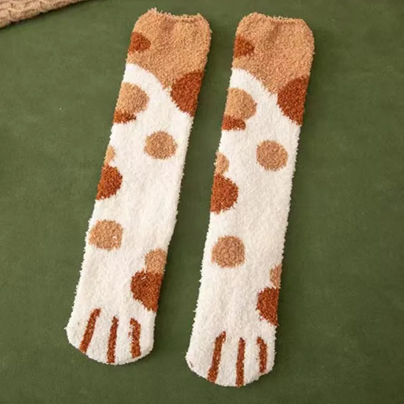 6 pairs Floor Socks Winter Women Cat Paw Thick Coral fleece Warm Socks Hosiery Animal Cute Stocking Long Kawaii Cartoon Striped