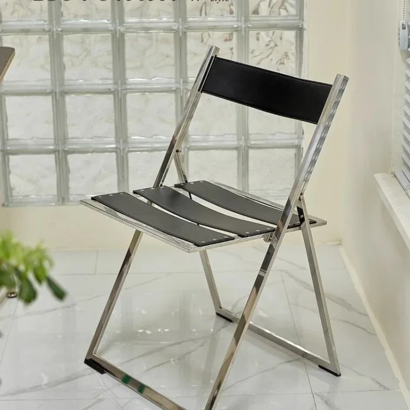Saddle Leather Dining Chair, Simple Stainless Steel Folding Chair for Home Use, Light Luxury Modern Restaurant Chair