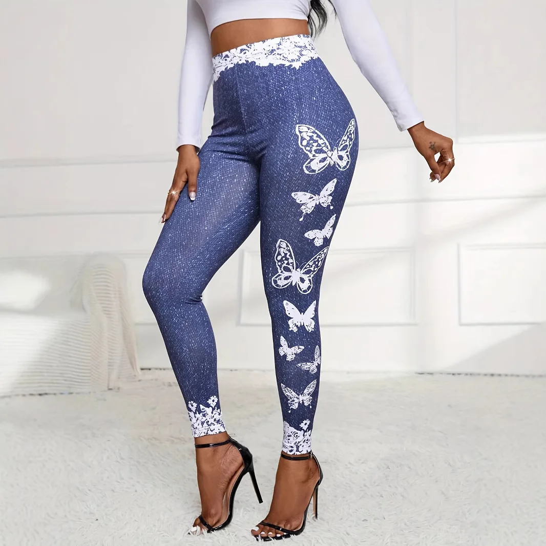 Fashionable new butterfly lace printed tight fitting imitation denim leggings 3