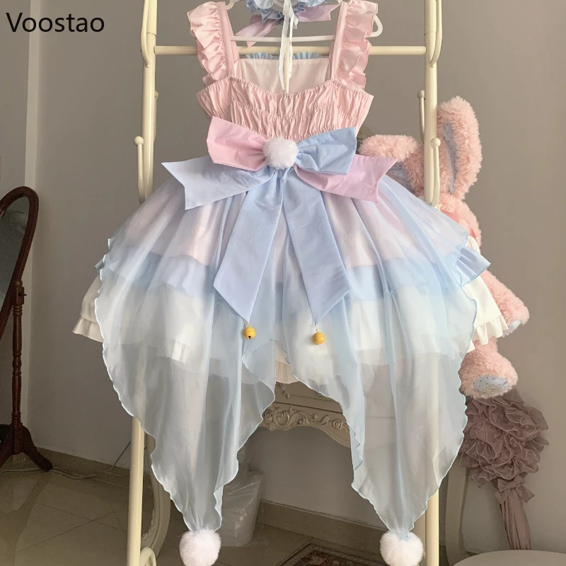 Japanese Sweet Lolita Jsk Dress Women Kawaii Bow Mesh Ruffles Tea Party Dresses Harajuku Cute Pink Blue Princess Mini Cake Dress lolita dress lolita cosplay costumes