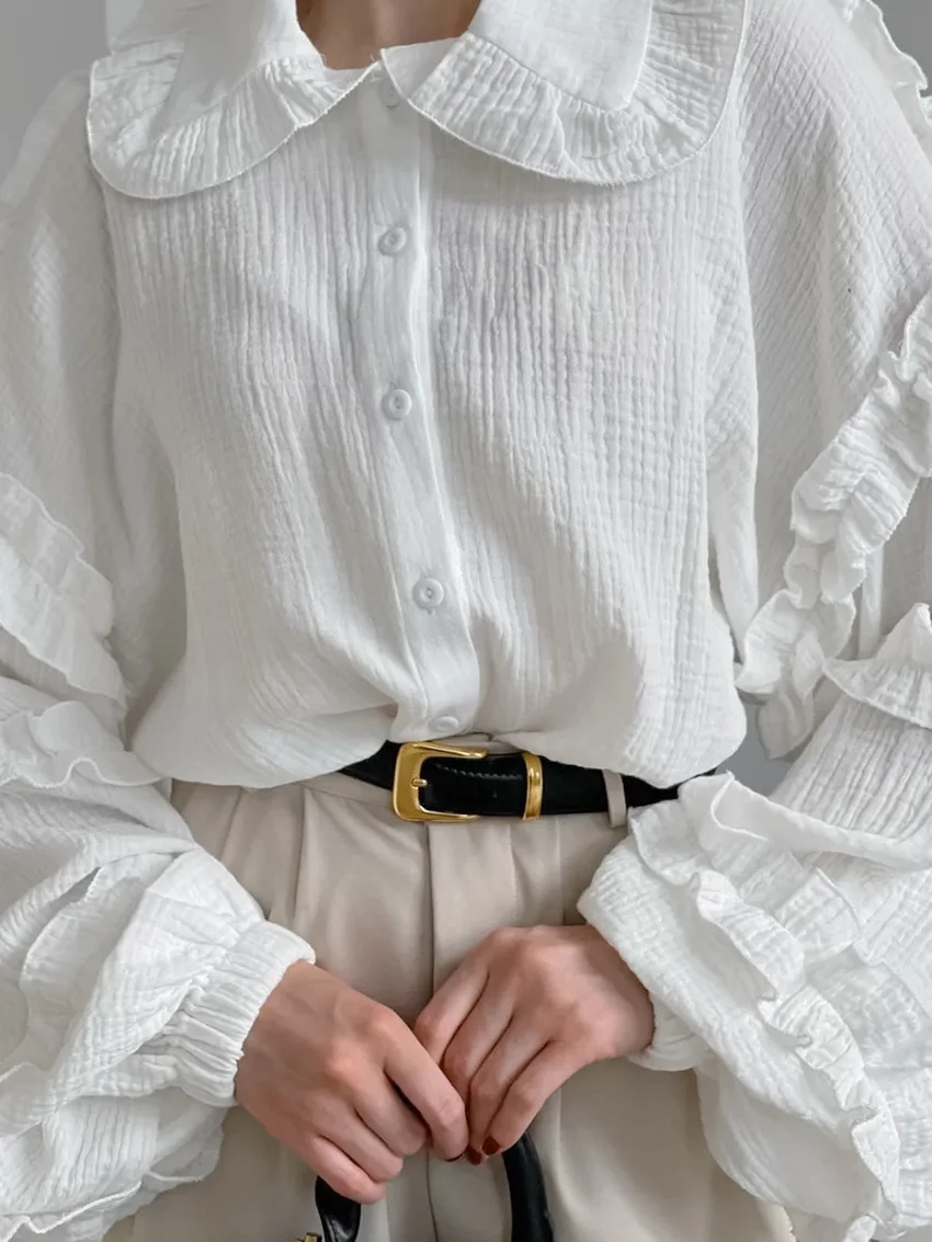 Camisas blancas holgadas con volantes para mujer, manga larga, elegantes, a la moda, otoño, lisas, informales, prendas de vestir exteriores, camisas para mujer, abrigos, novedad de verano