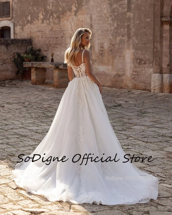 SoDigne A-line Tulle Wedding Dresses Sweetheart Spaghetti Straps Appliques Bride Dress Split Long Bridal Gown Vestido De Noiva 4