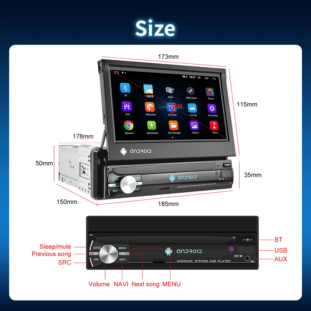 Car Multimedia Player CarPlay 1 Din Android 7" Retractable Screen Universal Autoradio Stereo GPS Navigation