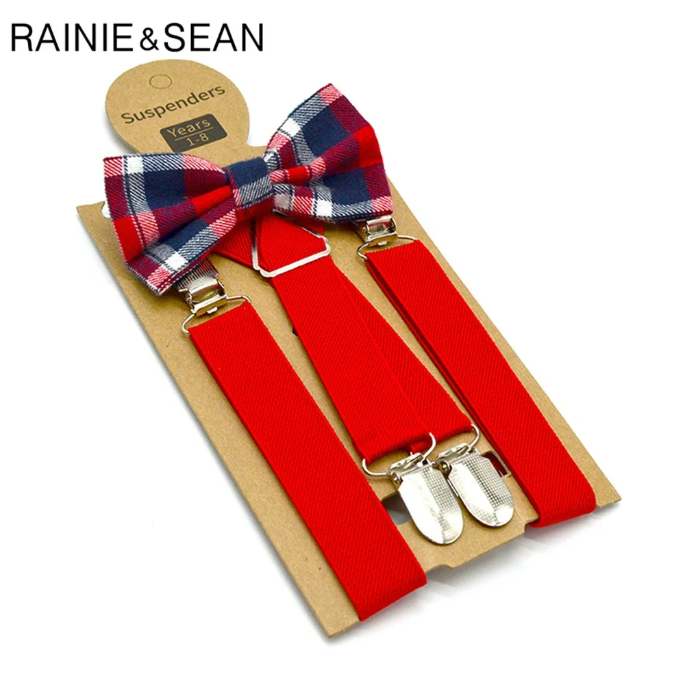 RAINIE SEAN Red Kids Suspenders with Bow Tie Fashion Children Braces British Style Wedding 4 Clips Solid Boys Suspenders 65cm
