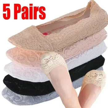 여성용 레이스 플라워 짧은 양말, 미끄럼 방지, 보이지 않는 발목 양말, 패션, 여름 양말 스타일, 5 쌍, 신제품