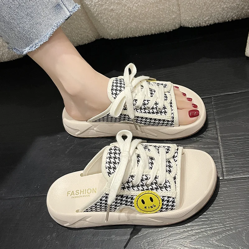 

2022 Women's New Canvas Flat Slippers Lace-Up Casual Shoes Women's Fashion Thick Sole Smiley Colorblock Beach Open Toe Sandals