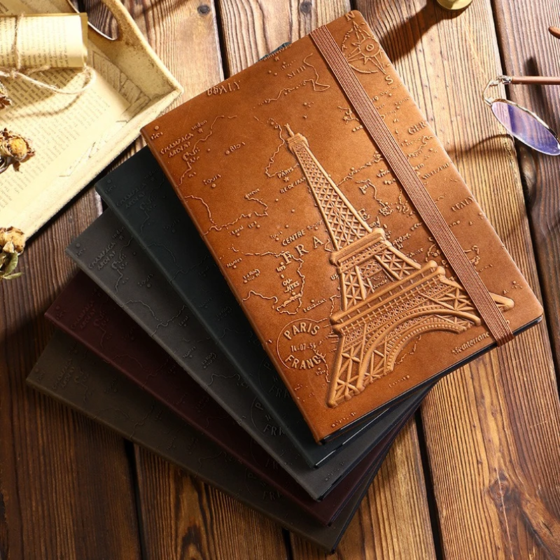 Retro Iron Tower Embossed Leather Notebook Diary