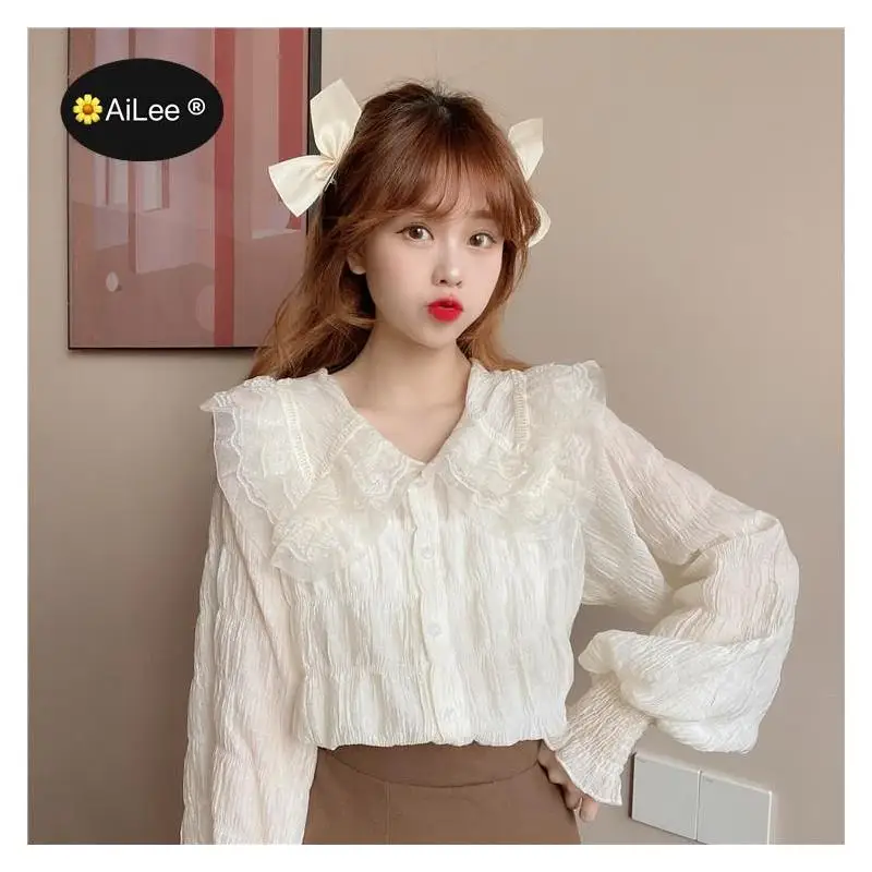 French Retro Palace Lolita Women Blouses Long Sleeve Chiffon Women's Shirt Fashion Sweet Peter Pan Collar Party Wedding Blusas