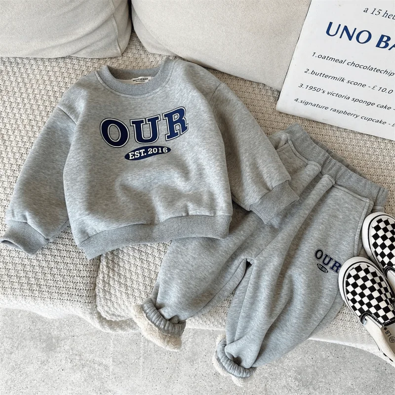 Baby Girl Boy Fleece Inside Clothes Set Hoodie+Pant Child Long Sleeve Clothing Suit Casual Letter Pullover Baby Clothes 18M-7Y