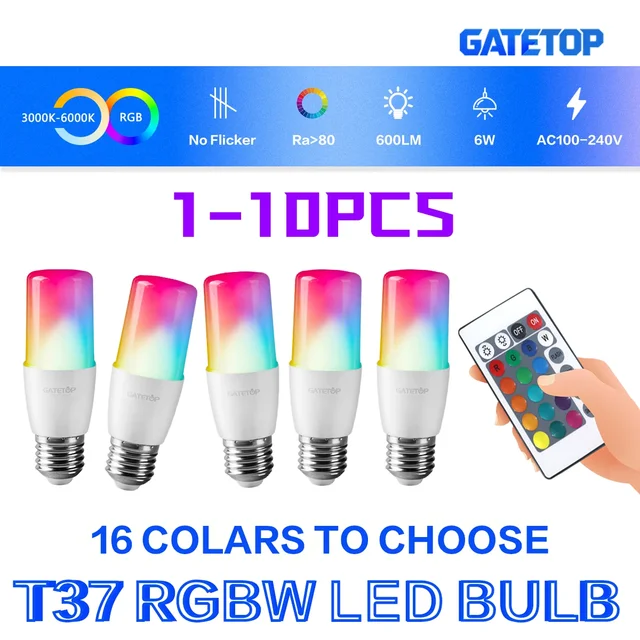 หลอดไฟ LED RGB ควบคุมด้วยรีโมท 24 ปุ่ม 6 วัตต์ 1-10 ชิ้น ขั้ว E27 แรงดันไฟฟ้า AC100-240V ปรับความสว่างได้ เปลี่ยนสีได้ สำหรับห้องนอน ห้องนั่งเล่น 1