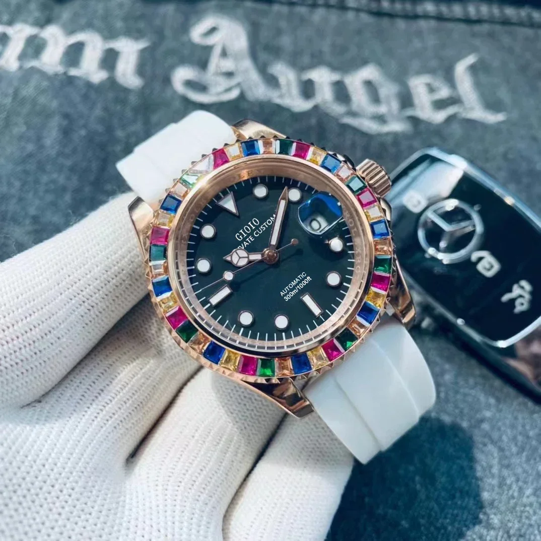 

Роскошные новые автоматические механические мужские часы со стразами, спортивные часы с черной резиной