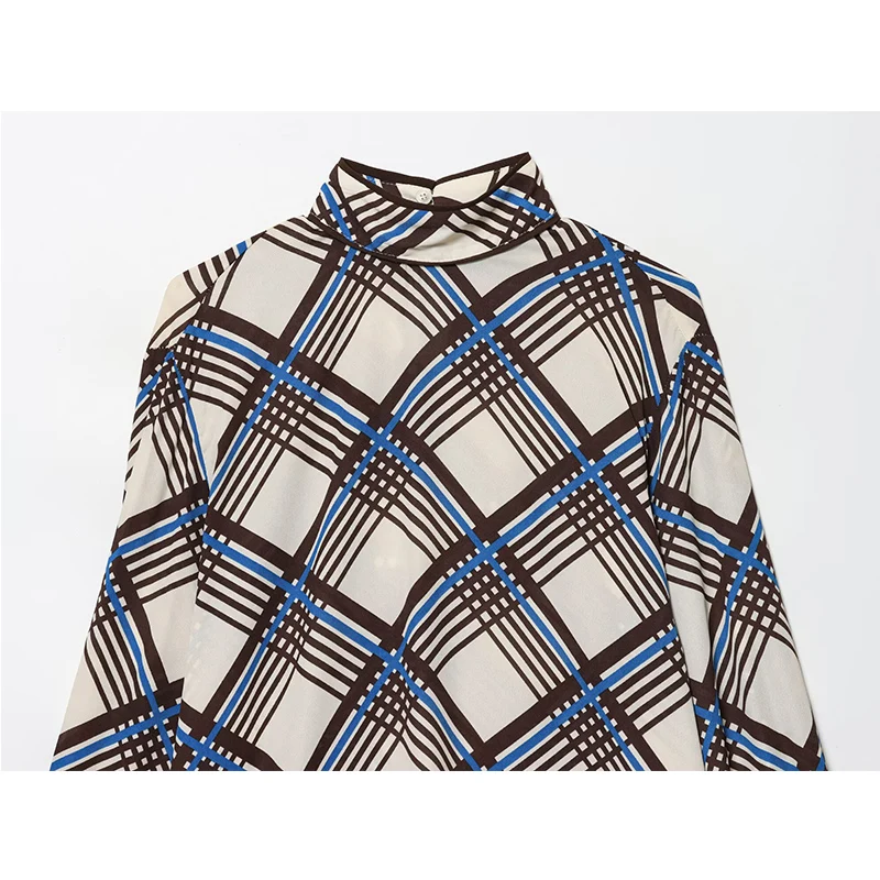 Women's Blouse High Neck Long Sleeve Fashion Check Shirt Top Autumn New Casual Elegant Chic Shirts And Blouses Tops
