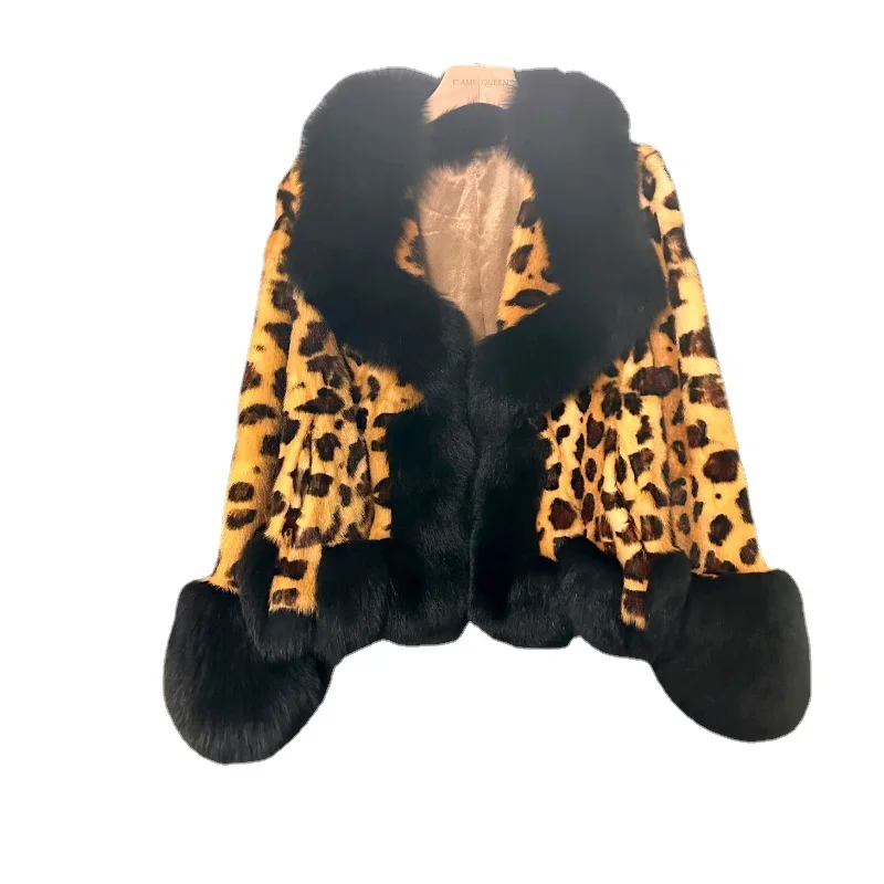 

2024 Fashion Fox Fur Collar Gold Mink Coat Women's Winter Jacket Leopard Print Coats and Jackets Short Clothes for Women