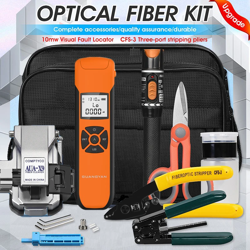 MAYTO FTTH Fiber Optic Tool Kit with AUA-X9 Fiber Cleaver -70~+10dBm/-50~+26dBm G10 Optical Power Meter