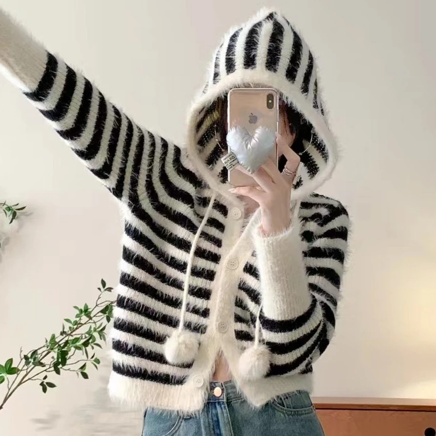 

Hooded Y2k Kintted Sweater Women Cardigan Striped V-Neck Crochet Fur Top E-girl Pullovers Spring Autumn Winter Sueter Jumpers