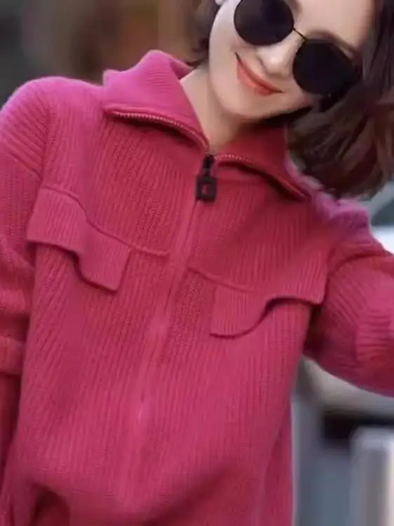 New 100% pure cashmere cardigan in autumn and winter women's POLO collar cashmere rose red coat knitted hooded sweater 4