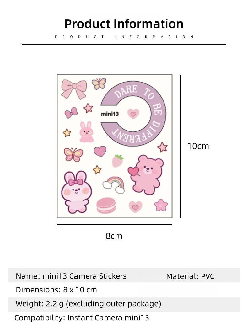 미니 13과 호환되는 카메라 케이스 및 스티커, 즉석 카메라용 DIY 데칼과 끈이 포함된 투명 쉘, 일상 여행용