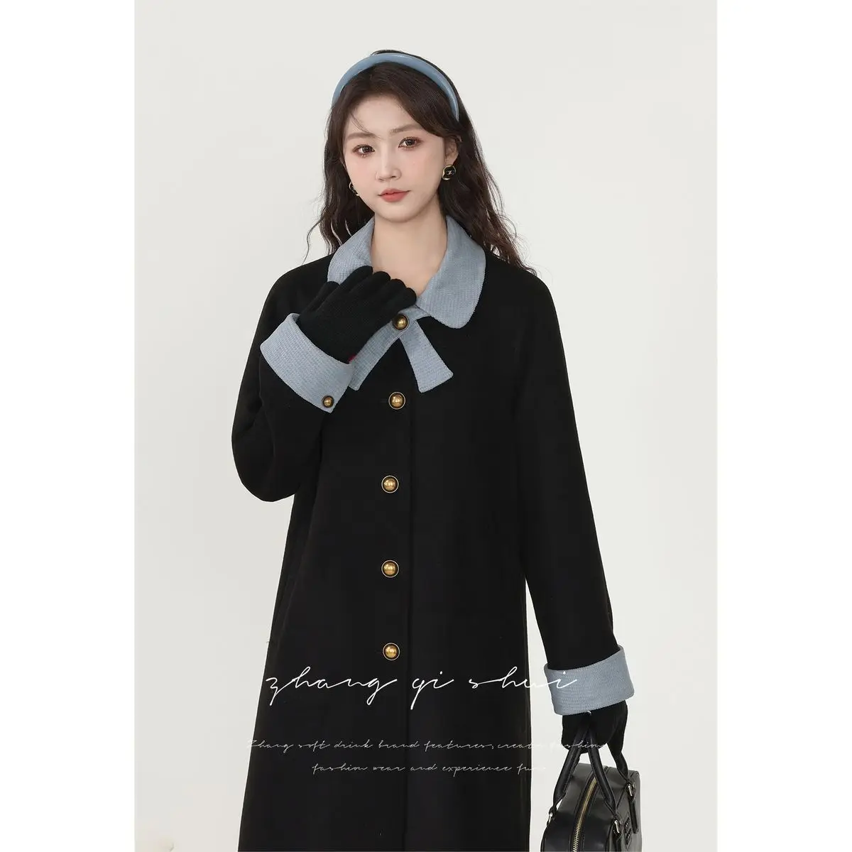 Autumn Winter New Black Blue Medium Long Bow Wool Coat Woman Veste  Femme Regular Fit Winter Women Coat Warm