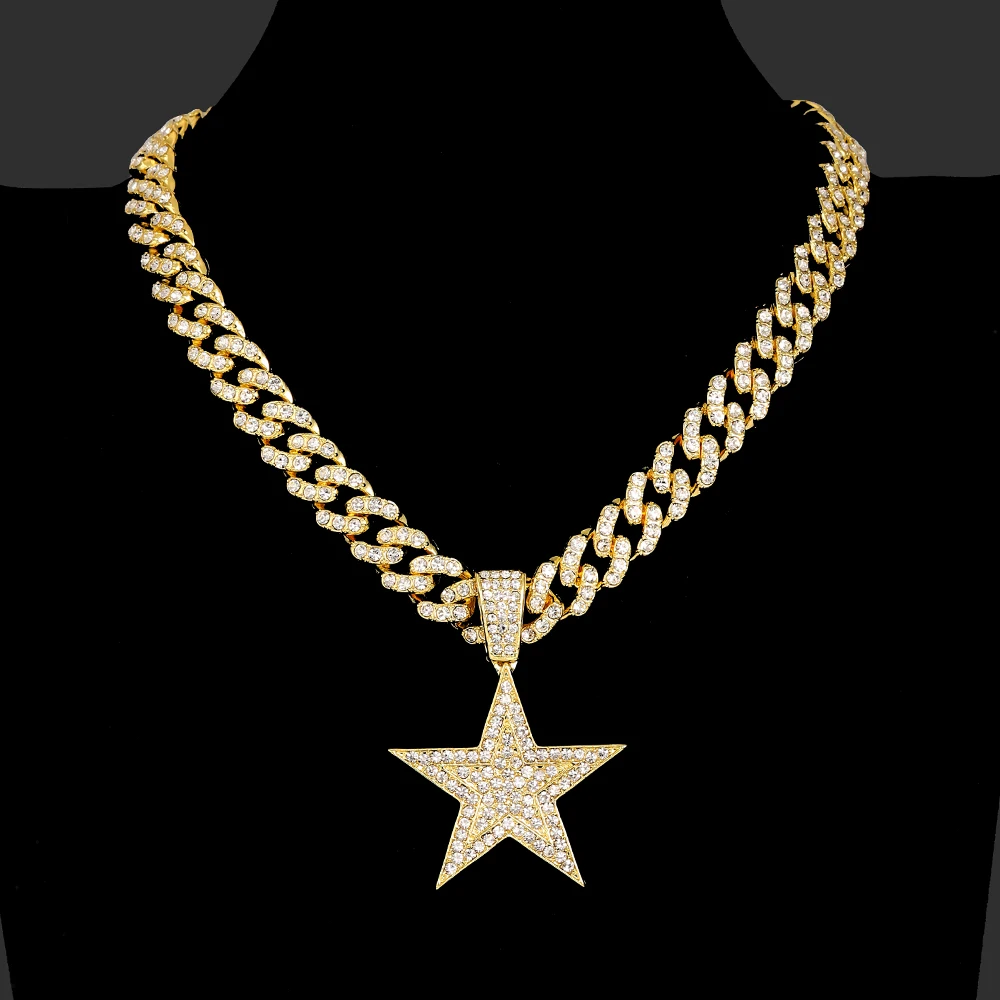 Hip Hop Gold Color Men Five-Pointed Star Pendant Necklace Iced Out