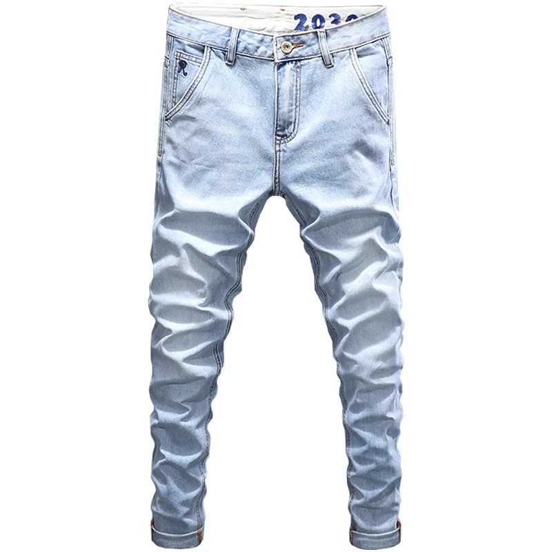 Fashion Designer Men Jeans Retro Light Blue Elastic Slim Fit Printed Jeans Men Korean Style Classical Simple Casual Denim Pants