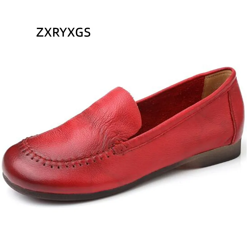 

ZXRYXGS 2024 Premium Soft Real Leather Shoes Women Flat Shoes Shallow Mouth Soft Sole Pregnant Women Driving Work Comfort Shoes