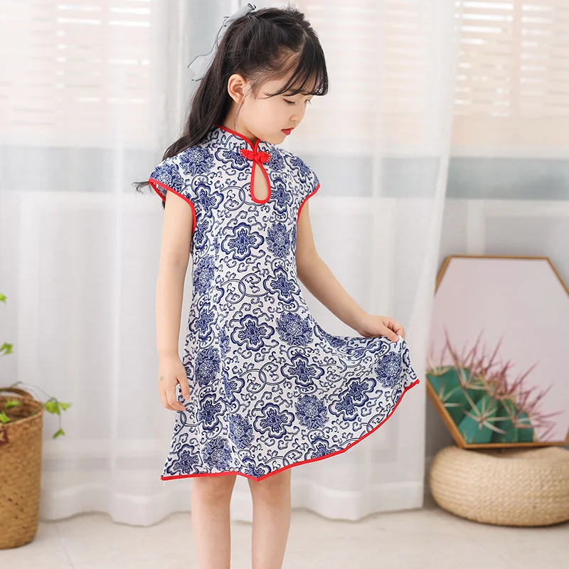 

Чонсам для девочек, летнее платье, в китайском стиле, с коротким рукавом, приталенное, платье Тан, детское обновленное Старинное платье, для малышей