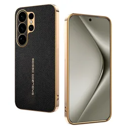 Luxury Shockproof Litchi PU Leather Plating Cover Case in Premium Plastic - S24 Ultra (Black keDouS)