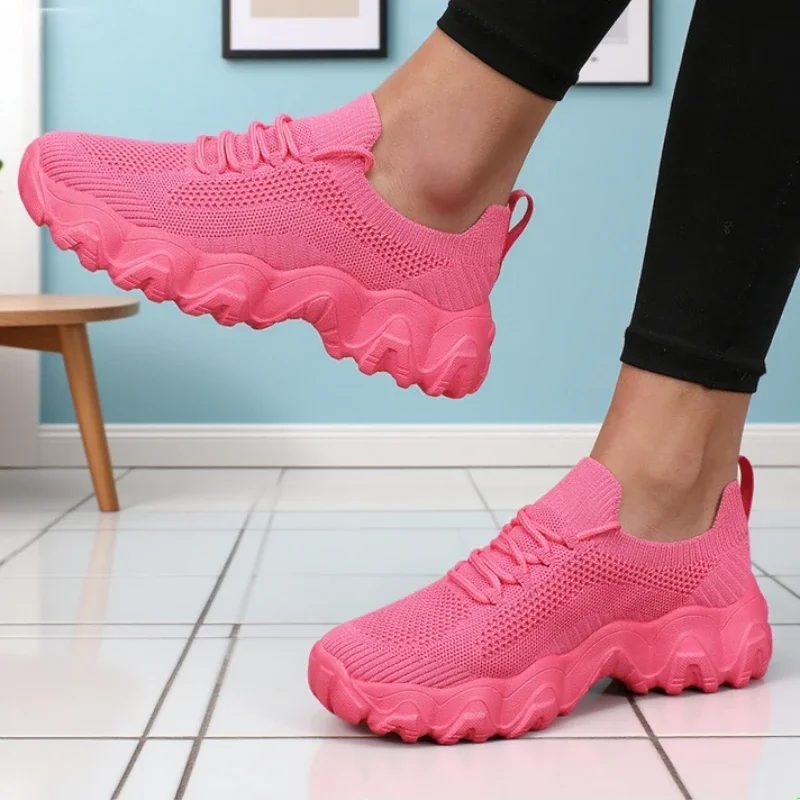 Fashionable Women's Running Shoes Breathable Light Fabric Wavy Sole Thick Sole Shoes Neon Pink 2025 Hot Selling Women's Sneakers