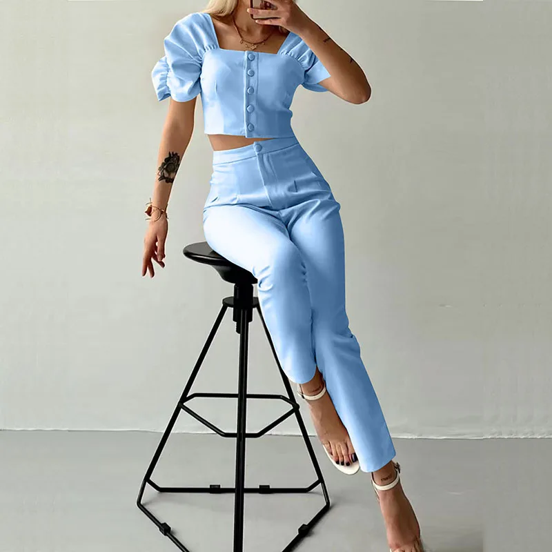 

Женский однотонный офисный костюм, элегантный комплект из блузки с пышными рукавами и квадратным вырезом и леггинсов с высокой талией, 2024