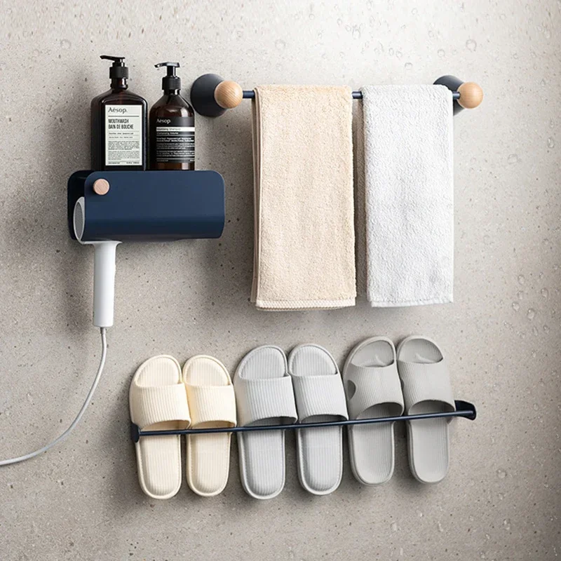 Wood Metal Towel Holder Wall Mounted Storage Rack Self-Adhesive Shoes Slippers Storage Rack Bathroom Organizer