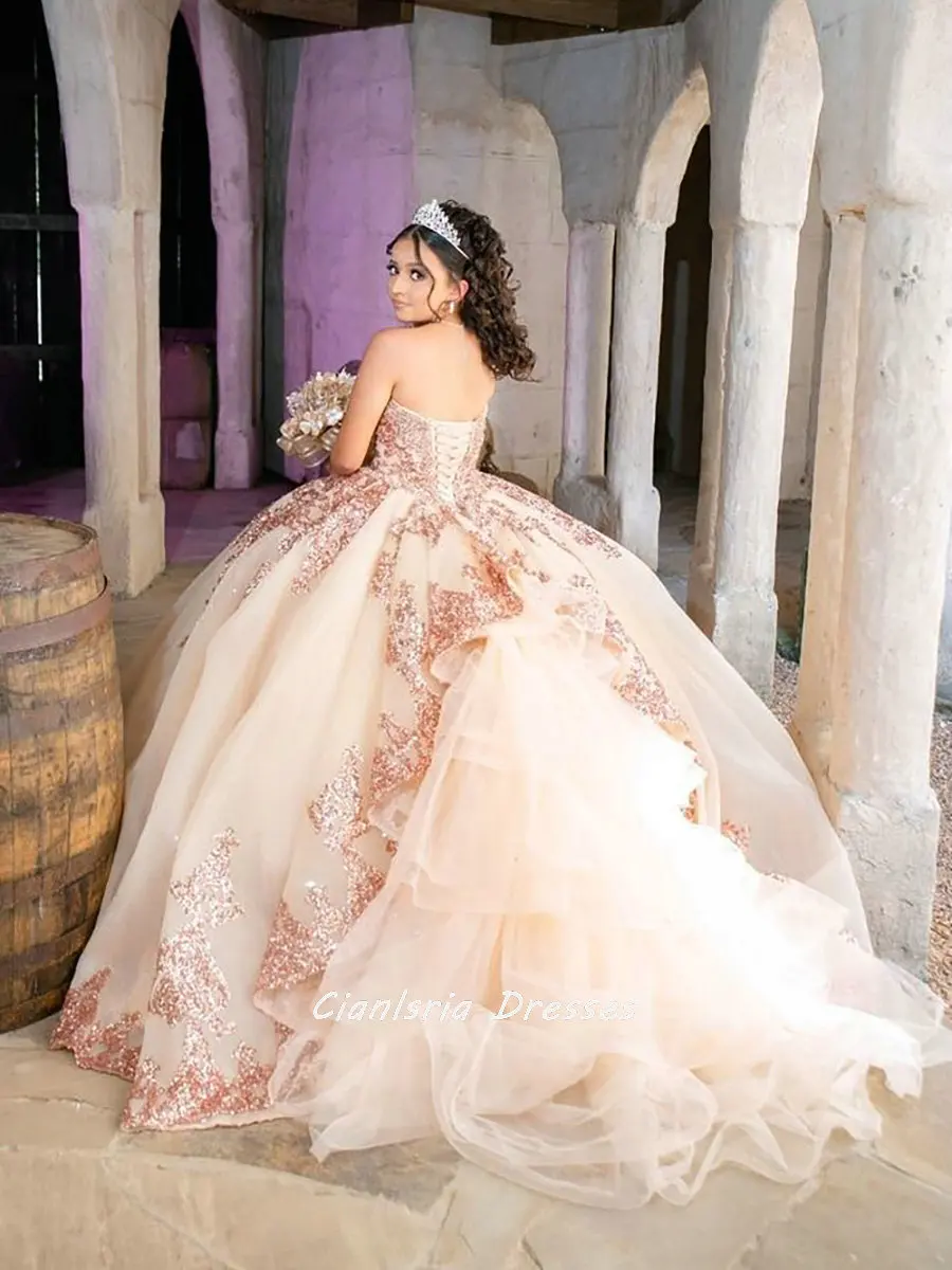 

Розовое золото, с кристаллами, Аппликации, с оборками, платье для Quinceanera, бальное платье, милое, конфетное, 15 дюймов, Vestidos XV лет