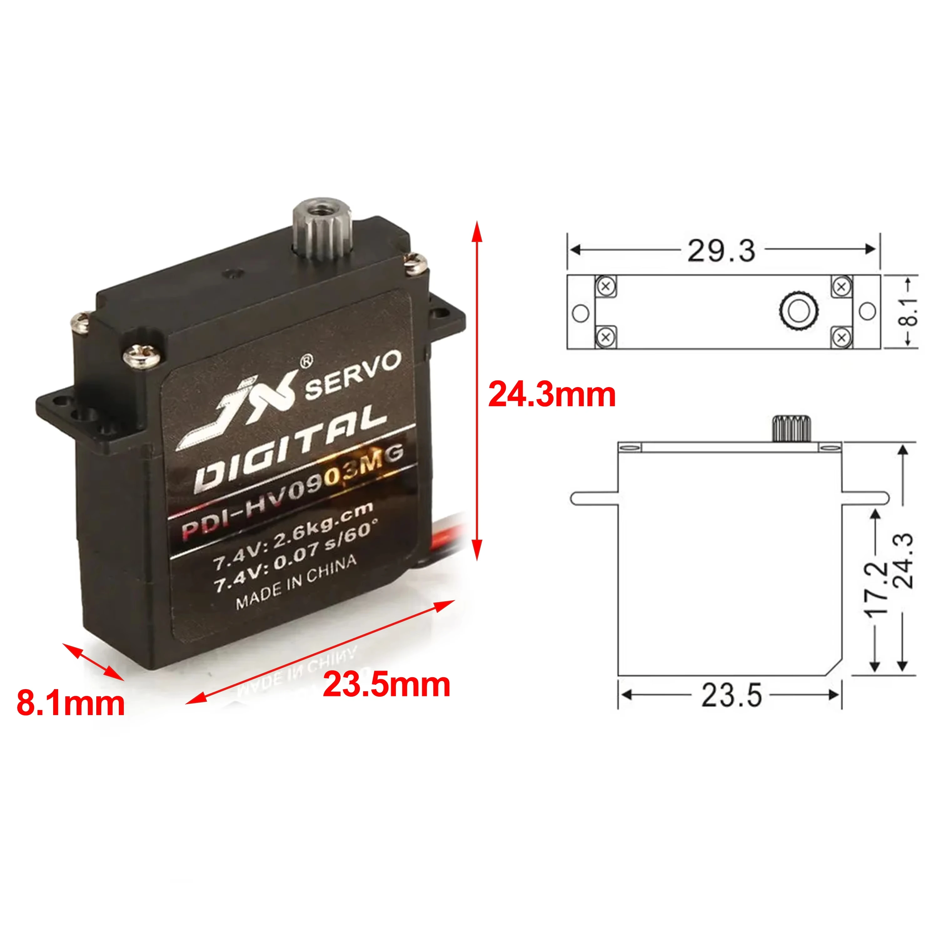 JX 2.6kg 미니 코어리스 서보 PDI-HV0903MG 디지털 메탈 기어 DC6  7.4V RC 자동차 고정 날개 비행기 레이싱 드론 부품 용 마이크로 모터