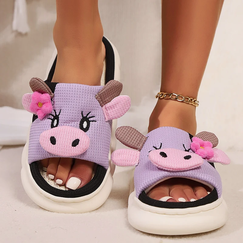 Cute Cow Thick Bottom Linen Slippers Women 2024 Winter Comfort Home Cotton Slippers Woman Flat Heels Non Slip Indoor Shoes Slide — view 3
