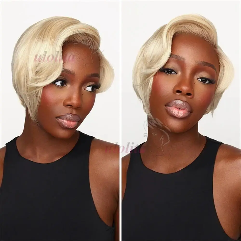 Straight Short Pixie Cut Wig with Bangs Shaved Sides And Sideburns Full Lace Wig Remy Brazilian Hair For Men Honey Blonde 613