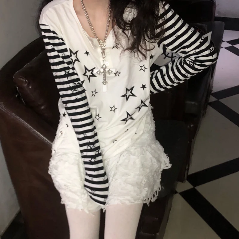 

O Neck Chic Buttons Star Print Tops Long Sleeve Contrast Color Stripe Tees Japanese Harajuku Y2k Clothes Punk Women T-shirts