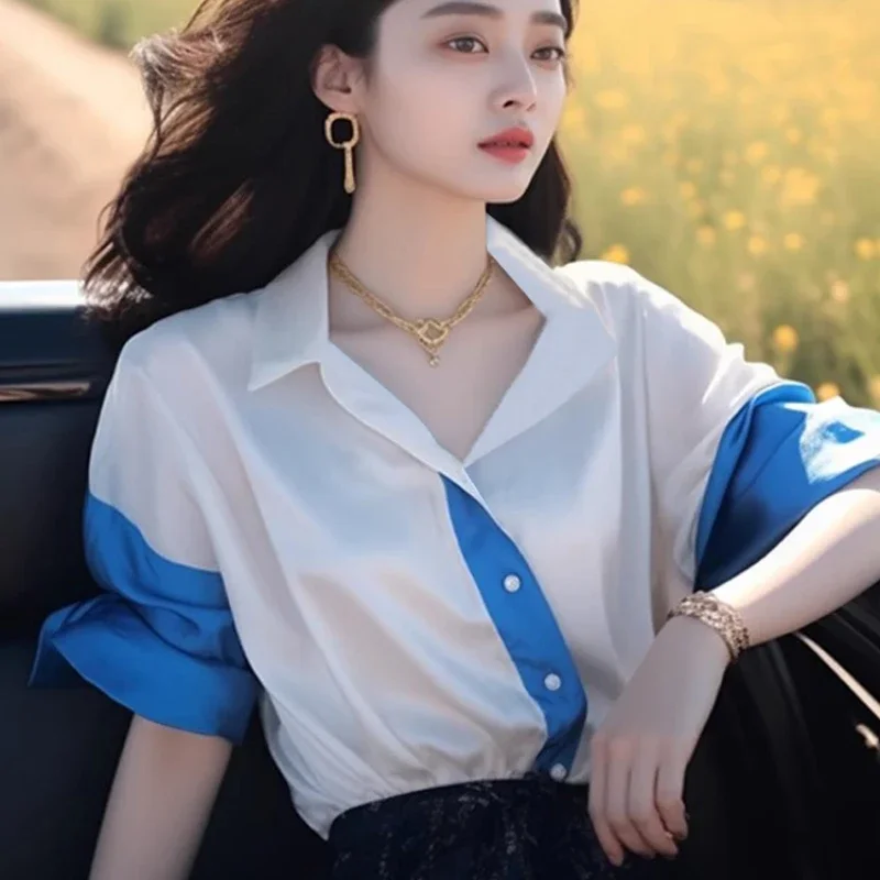 

Шифоновые винтажные женские блузки, летние лоскутные женские рубашки, свободные топы с коротким рукавом, корейский стиль, одежда для продажи