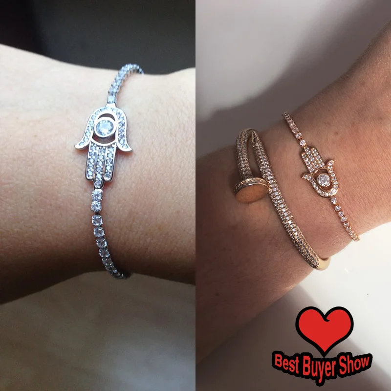 OCESRIO Paved Zircon Hamsa Silver Color Charm Bracelet Hand of Fatima Adjustable Women Fashion Jewelry