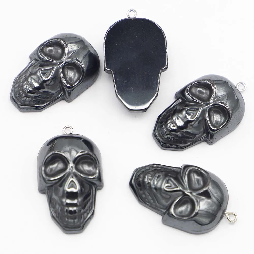 Nature Stone Hematite Skull Pendant Hip Hop Punk Bead Fashion Charm Metal Diy Necklace Women Men Making Jewelry Accessories 8Pcs