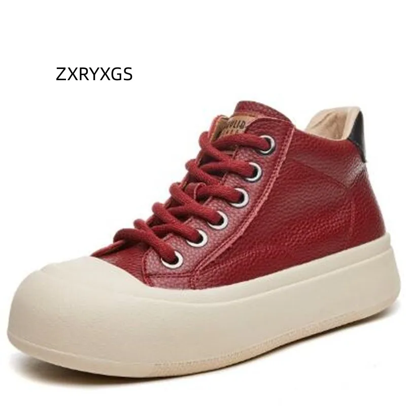 

ZXRYXGS Sales Promotion Genuine Leather Women Sneakers Trend Boots 2023 Lace-up Round Toe Flat Platform Sneakers Increase Shoes