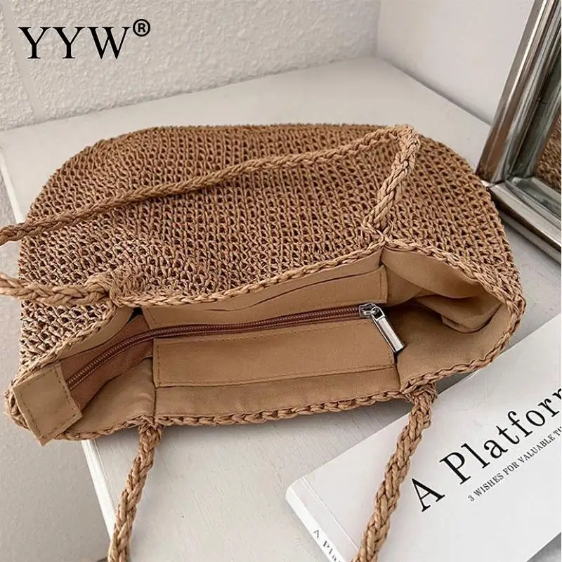 Casual Straw Wheat Woven Pattern Women Handbag Zipper Large Capacity Paper Rope Summer Beach Tote Bag Single Shoulder Lady Purse