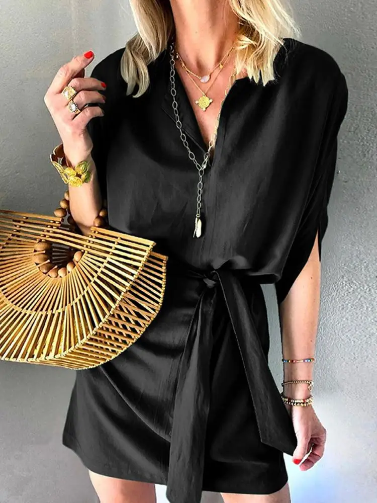 

ZANZEA Lapel Neck Long Sleeve Mini Dress Fashion Office Sundress Women Casual Holiday Vestidos Femme Elegant Lace Up Party Robe