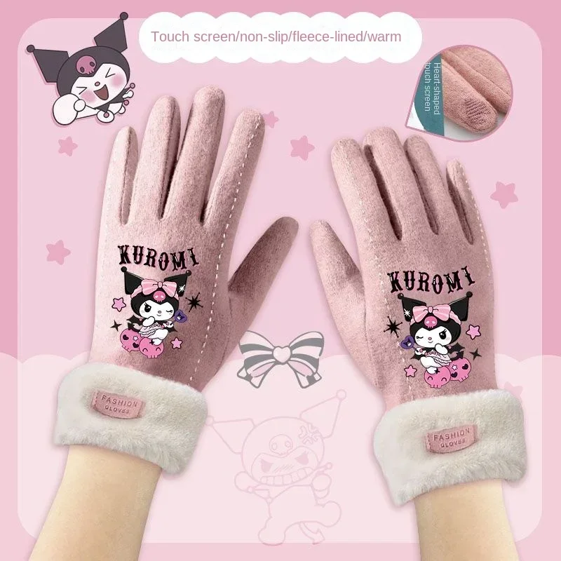 

Anime cartoon My melody Kuromi cute warm gloves creative autumn and winter touch screen plus velvet windproof outdoor ski gloves