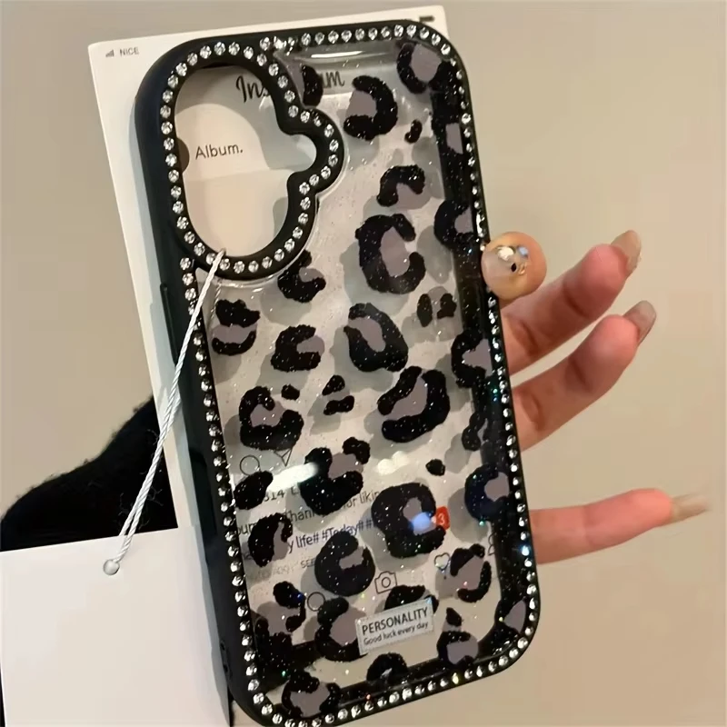 Pink Black Leopard Print Diamond Inlaid Frame Plain Case for iPhone 16 15 14 Plus 13 12 11 Pro Max Acrylic Silicone Hard Cover