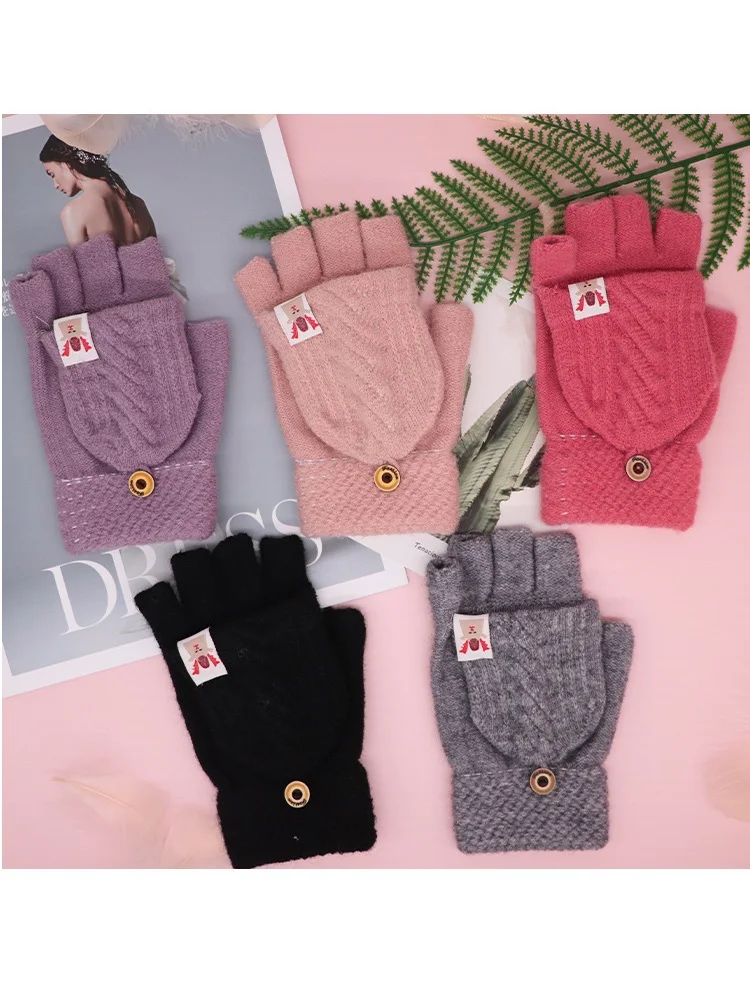 

12 Years Old-Adults Fashion Simple Solid Color Half Finger Gloves Women Children Students Soft Thick Knitted Winter Warm Gloves