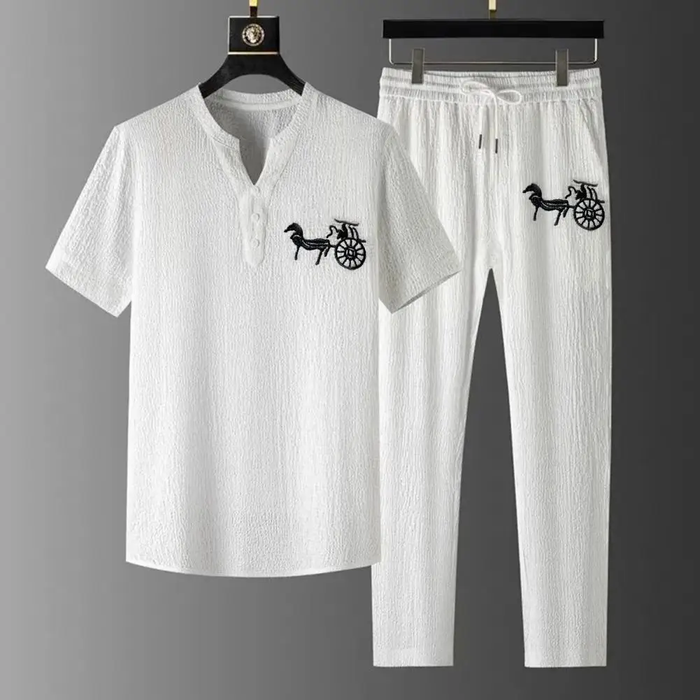 

1 Set Popular Men Outfit Male Men Tracksuits Solid Color Relaxed Fit Mid Waist Sportswear Set Drawstring