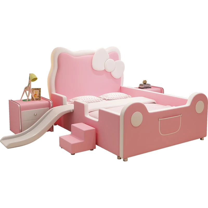 Children's bed girl princess bed 1.5 solid wood single bed pink Kitty cat slide bed cartoon leather bed with guardrail 6