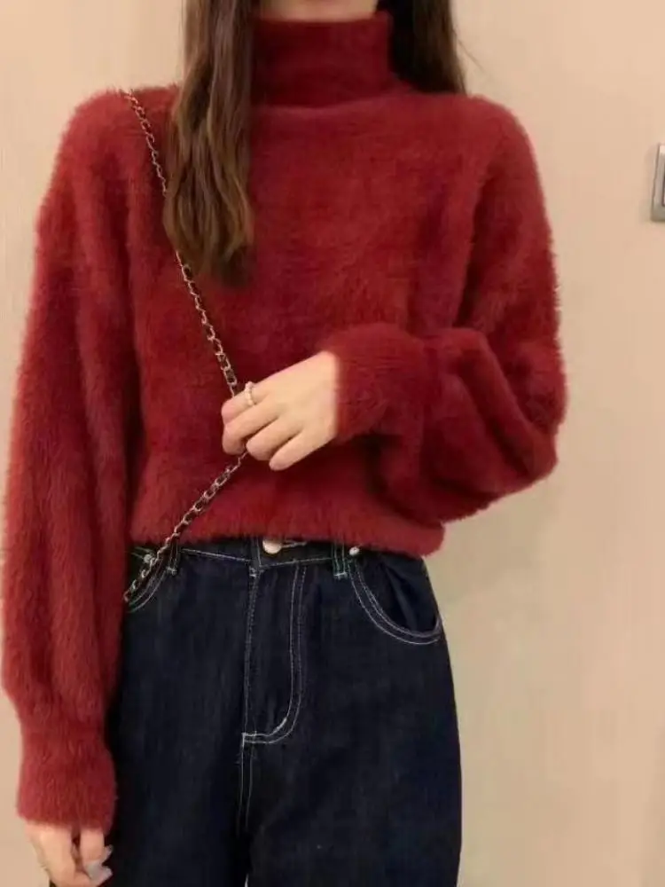 Winter Imitate Mink Wool Hot Fleecing Female Turtleneck Thicken Elastic Casual Sweater Women Knitted Tops Pullovers Soft  Warm 4